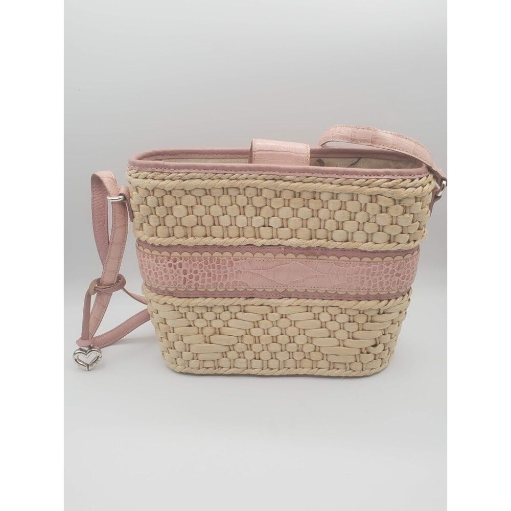 Brighton Purse Straw Handbag Pink Leather Trim  Floral Woven Basket Read - Picture 3 of 15